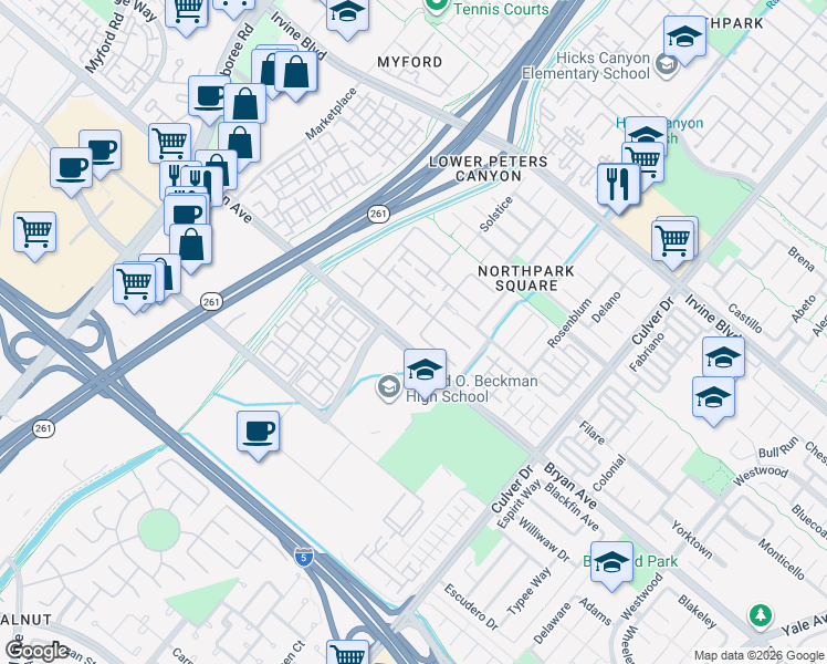 map of restaurants, bars, coffee shops, grocery stores, and more near 4 Stonegate in Irvine