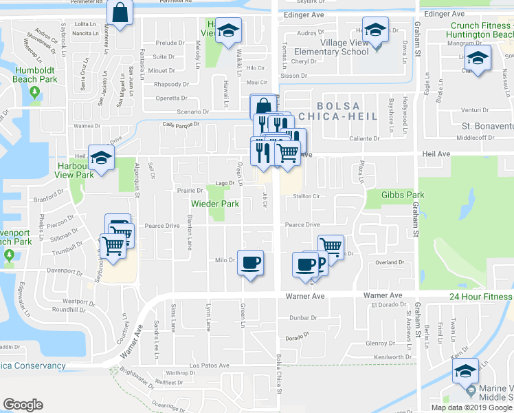 map of restaurants, bars, coffee shops, grocery stores, and more near 16621 Jib Circle in Huntington Beach