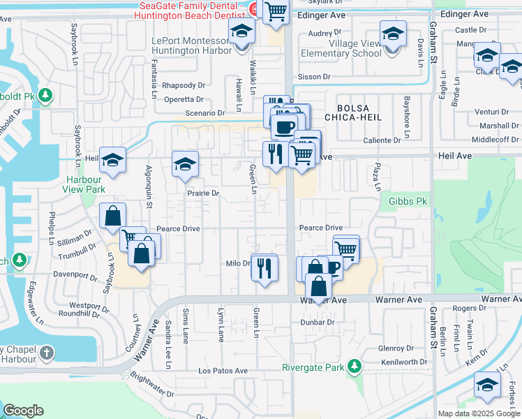 map of restaurants, bars, coffee shops, grocery stores, and more near 4852 Neely Circle in Huntington Beach