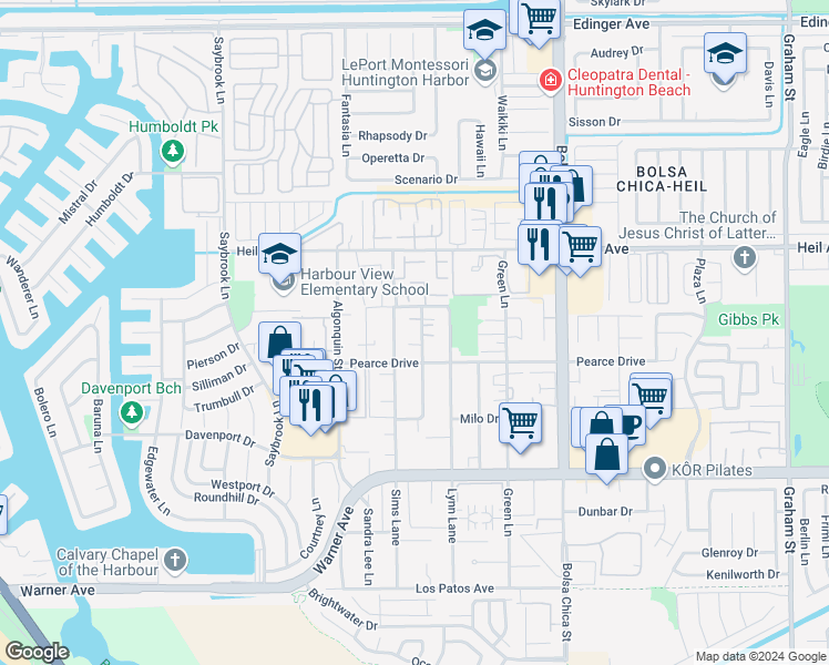 map of restaurants, bars, coffee shops, grocery stores, and more near 16671 Blanton Lane in Huntington Beach