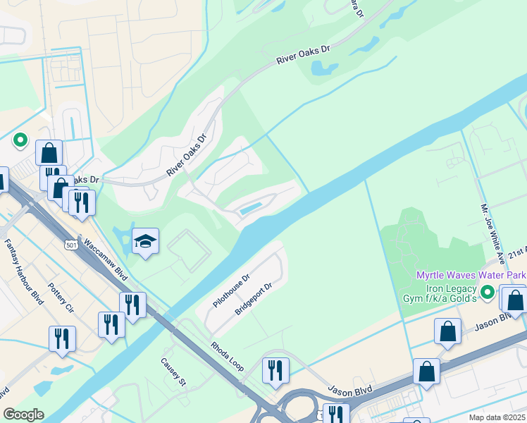 map of restaurants, bars, coffee shops, grocery stores, and more near 616 Waterway Village Boulevard in Myrtle Beach