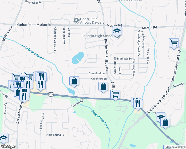 map of restaurants, bars, coffee shops, grocery stores, and more near 6263 Creekford Lane in Lithonia