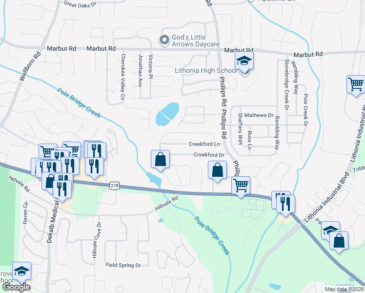 map of restaurants, bars, coffee shops, grocery stores, and more near 6229 Creekford Lane in Lithonia