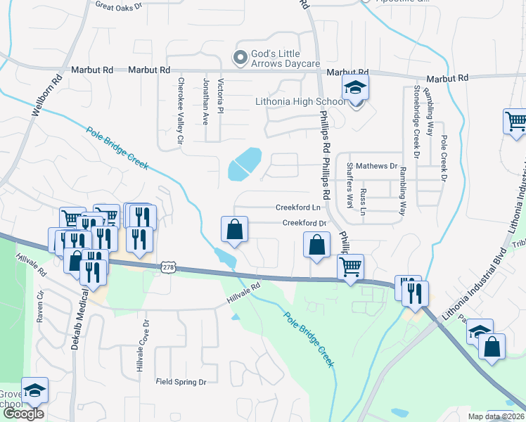 map of restaurants, bars, coffee shops, grocery stores, and more near 6225 Creekford Lane in Lithonia