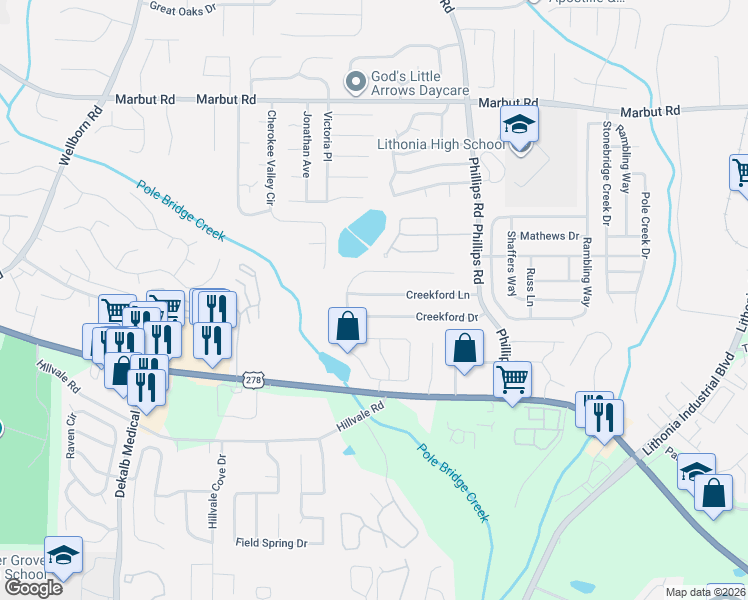 map of restaurants, bars, coffee shops, grocery stores, and more near 6229 Creekford Lane in Lithonia