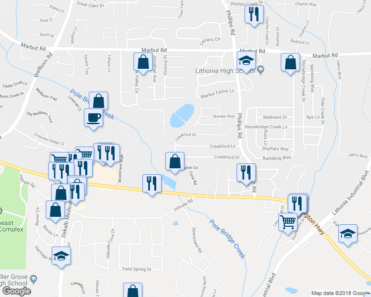 map of restaurants, bars, coffee shops, grocery stores, and more near 6195 Creekford Lane in Lithonia