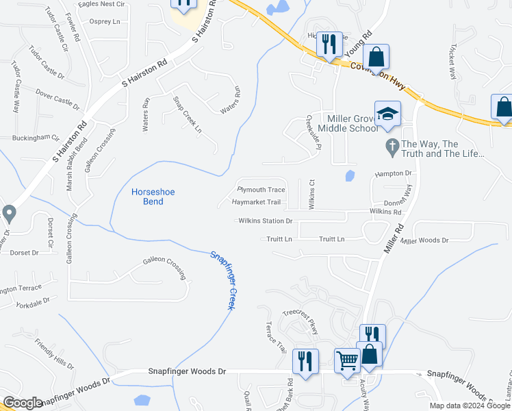 map of restaurants, bars, coffee shops, grocery stores, and more near 4831 Haymarket Trail in Decatur