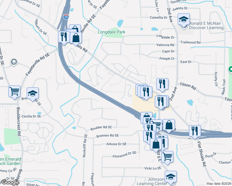 map of restaurants, bars, coffee shops, grocery stores, and more near 2367 Castle Keep Way in Atlanta