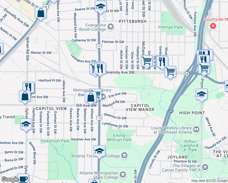 map of restaurants, bars, coffee shops, grocery stores, and more near 569 Erin Avenue Southwest in Atlanta