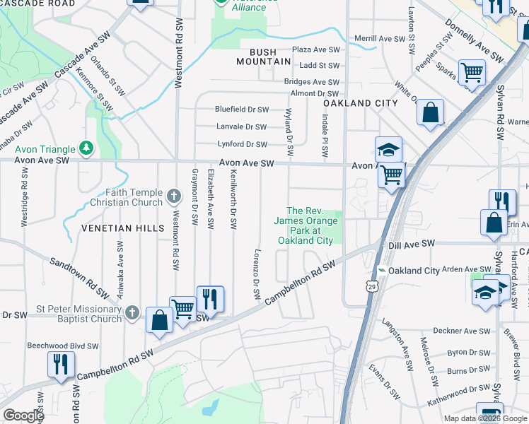 map of restaurants, bars, coffee shops, grocery stores, and more near 1282 Lorenzo Drive Southwest in Atlanta