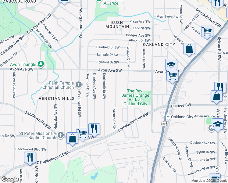 map of restaurants, bars, coffee shops, grocery stores, and more near 1287 Lorenzo Drive Southwest in Atlanta