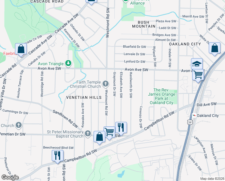 map of restaurants, bars, coffee shops, grocery stores, and more near 1283 Graymont Drive Southwest in Atlanta