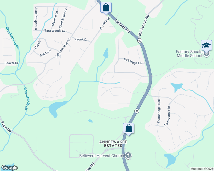 map of restaurants, bars, coffee shops, grocery stores, and more near 3150 Skyler Court in Douglasville