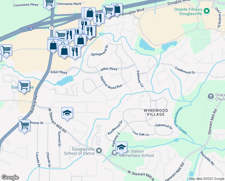 map of restaurants, bars, coffee shops, grocery stores, and more near 9691 Squirrel Wood Run in Douglasville