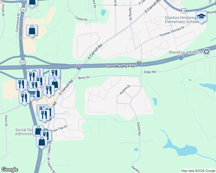 map of restaurants, bars, coffee shops, grocery stores, and more near 121 Ashbury Drive in Villa Rica