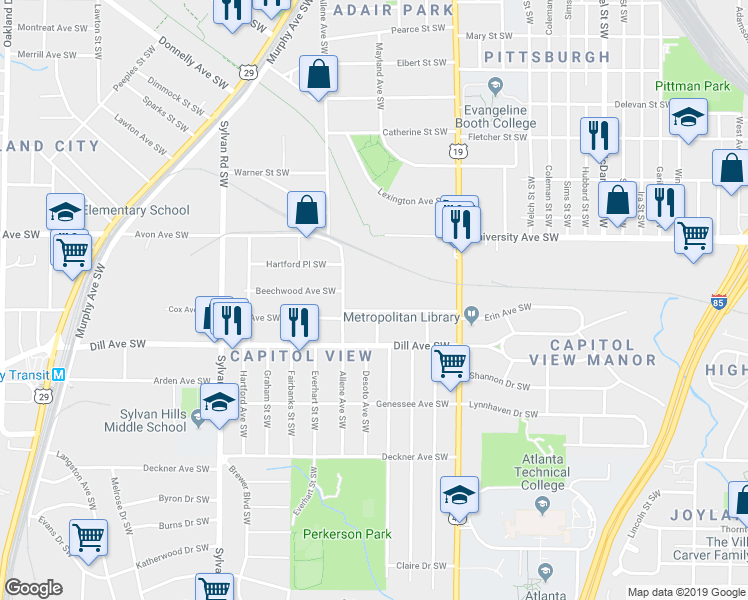 map of restaurants, bars, coffee shops, grocery stores, and more near 727 Erin Avenue Southwest in Atlanta