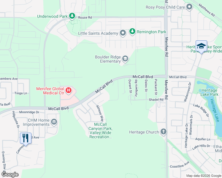map of restaurants, bars, coffee shops, grocery stores, and more near Palomar Road in Riverside County