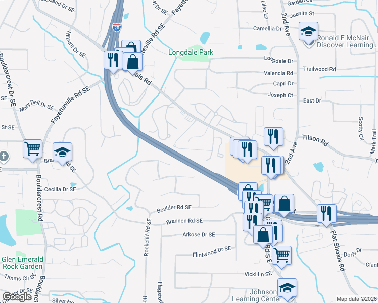 map of restaurants, bars, coffee shops, grocery stores, and more near 2367 Castle Keep Way in Atlanta