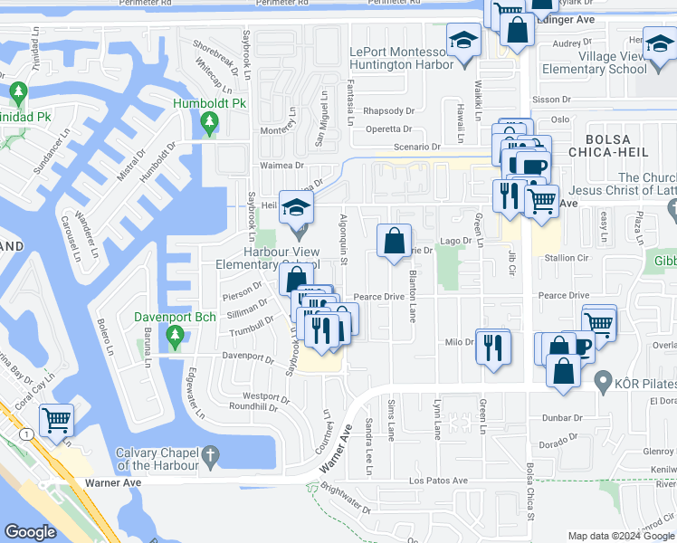 map of restaurants, bars, coffee shops, grocery stores, and more near 16631 Algonquin Street in Huntington Beach