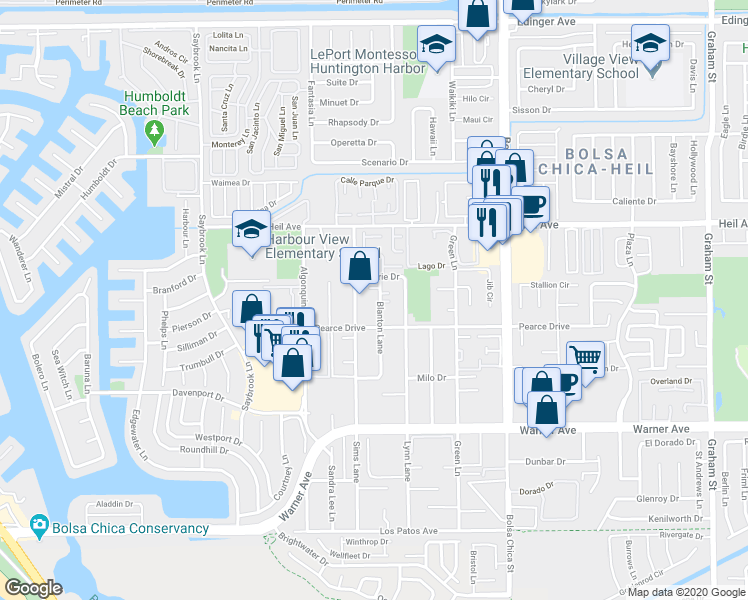 map of restaurants, bars, coffee shops, grocery stores, and more near 16671 Blanton Lane in Huntington Beach
