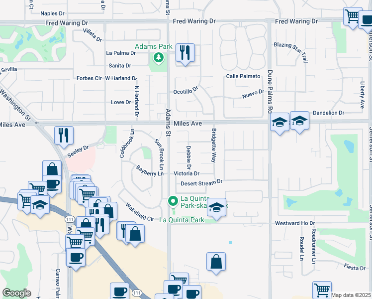 map of restaurants, bars, coffee shops, grocery stores, and more near 79150 Cindy Court in La Quinta