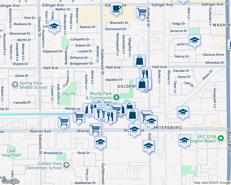 map of restaurants, bars, coffee shops, grocery stores, and more near 16691 Tunstall Lane in Huntington Beach