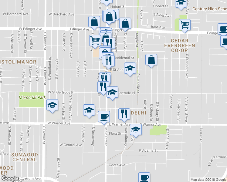 map of restaurants, bars, coffee shops, grocery stores, and more near 119 East Saint Gertrude Place in Santa Ana