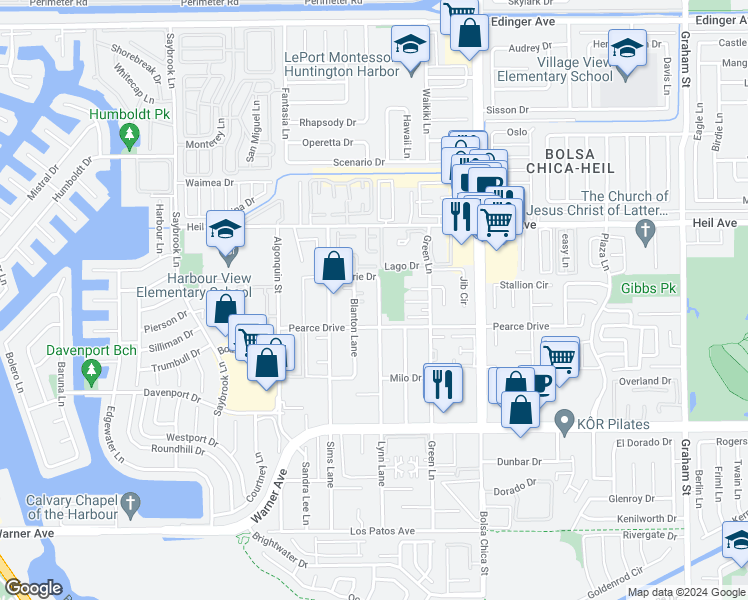 map of restaurants, bars, coffee shops, grocery stores, and more near 16671 Lynn Lane in Huntington Beach