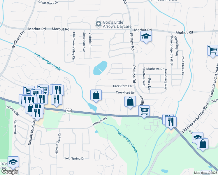 map of restaurants, bars, coffee shops, grocery stores, and more near 6229 Creekford Lane in Lithonia