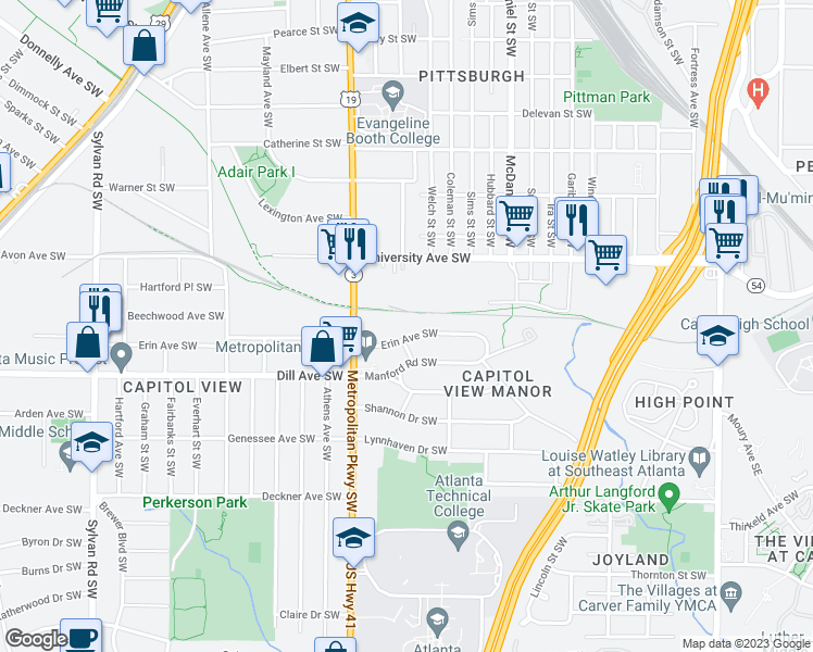 map of restaurants, bars, coffee shops, grocery stores, and more near 569 Erin Avenue Southwest in Atlanta