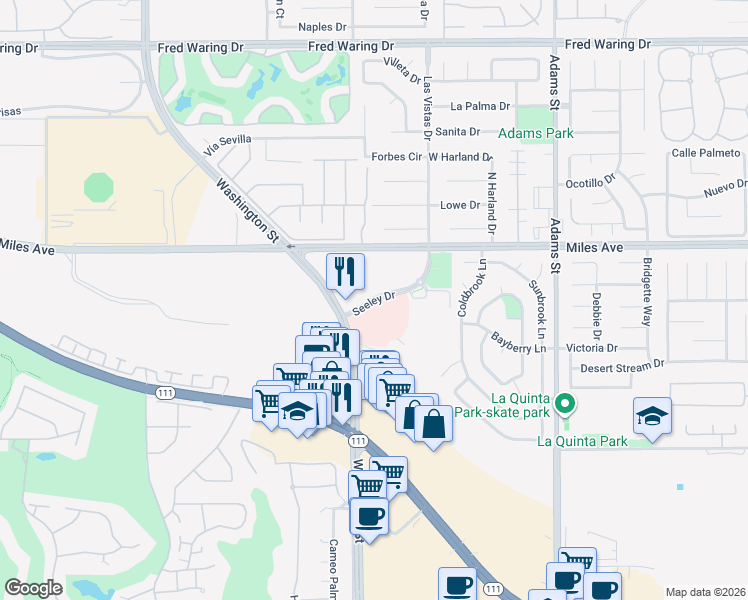 map of restaurants, bars, coffee shops, grocery stores, and more near 45248 Seeley Dr in La Quinta