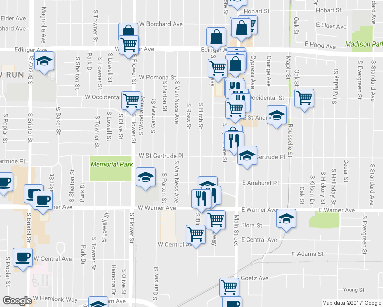 map of restaurants, bars, coffee shops, grocery stores, and more near 2075 South Ross Street in Santa Ana