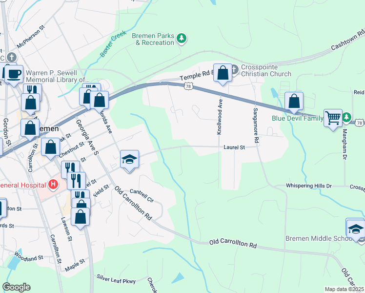 map of restaurants, bars, coffee shops, grocery stores, and more near 805 Laurel Street in Bremen