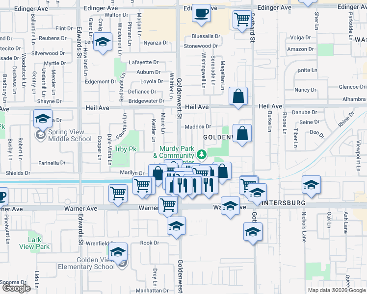 map of restaurants, bars, coffee shops, grocery stores, and more near 16692 Goldenwest Street in Huntington Beach