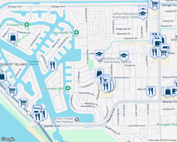 map of restaurants, bars, coffee shops, grocery stores, and more near 4242 Calhoun Drive in Huntington Beach