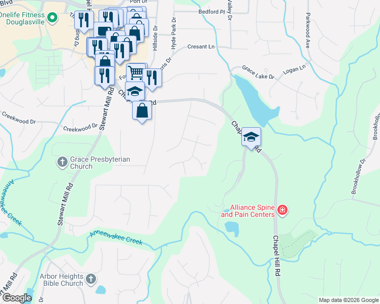 map of restaurants, bars, coffee shops, grocery stores, and more near 3129 North Woods Trail in Douglasville
