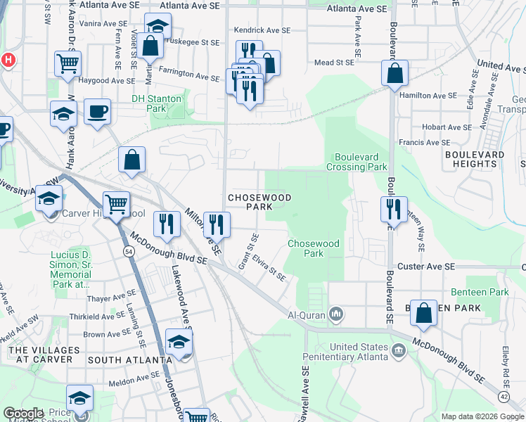 map of restaurants, bars, coffee shops, grocery stores, and more near 1272 Grant Street Southeast in Atlanta