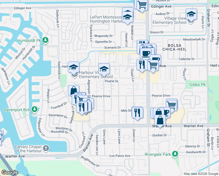map of restaurants, bars, coffee shops, grocery stores, and more near 16671 Blanton Lane in Huntington Beach