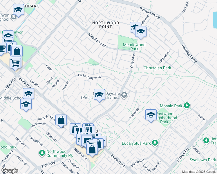 map of restaurants, bars, coffee shops, grocery stores, and more near 19 Campanero East in Irvine