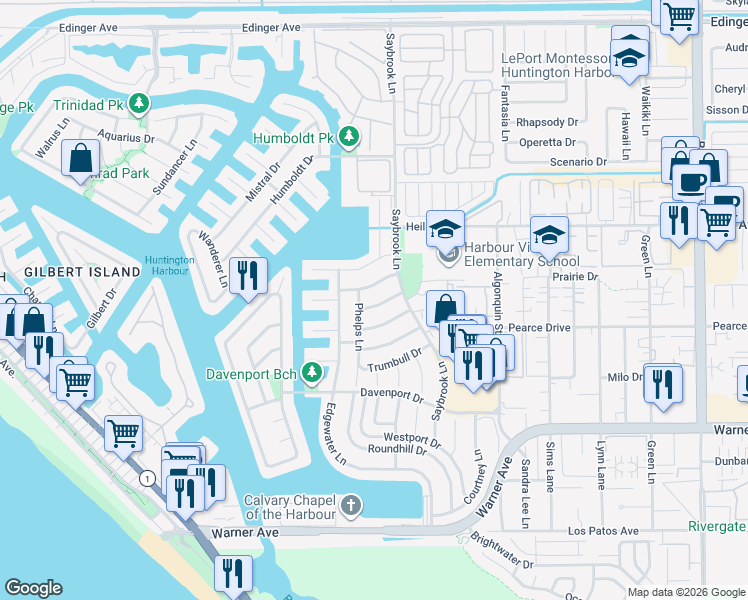 map of restaurants, bars, coffee shops, grocery stores, and more near 4171 Calhoun Drive in Huntington Beach