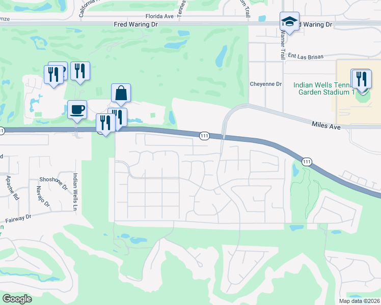 map of restaurants, bars, coffee shops, grocery stores, and more near 45035 Aztec Drive in Indian Wells