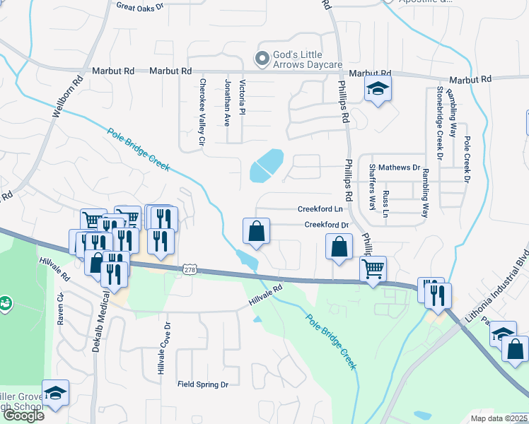 map of restaurants, bars, coffee shops, grocery stores, and more near 6195 Creekford Lane in Lithonia
