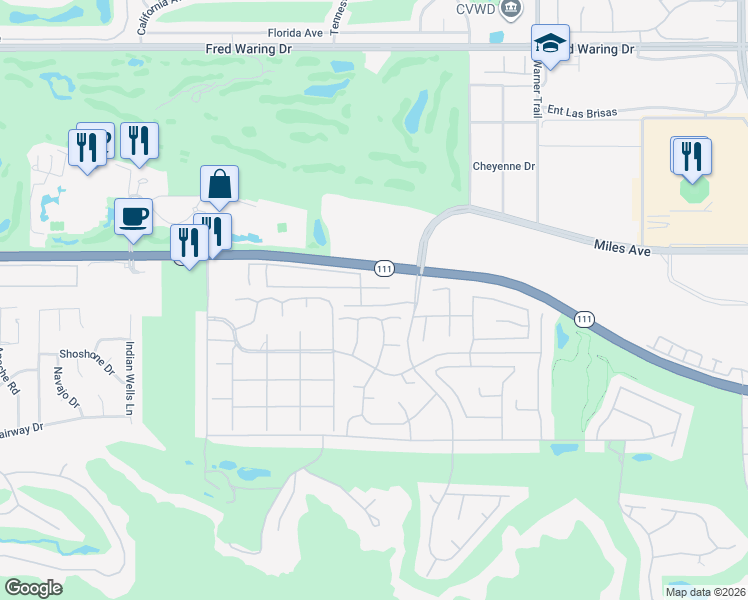 map of restaurants, bars, coffee shops, grocery stores, and more near 76936 Comanche Lane in Indian Wells