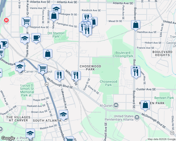 map of restaurants, bars, coffee shops, grocery stores, and more near in Atlanta