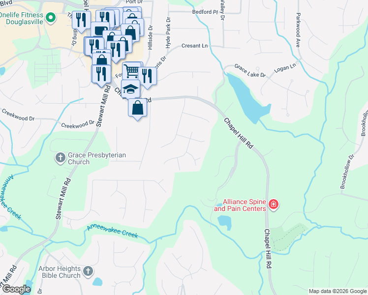 map of restaurants, bars, coffee shops, grocery stores, and more near 3129 North Woods Trail in Douglasville