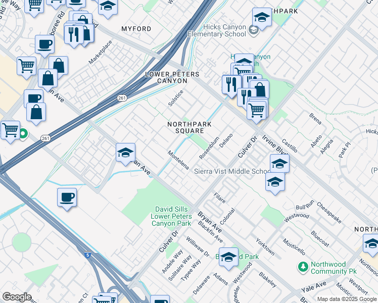 map of restaurants, bars, coffee shops, grocery stores, and more near 16 Inglenook in Irvine