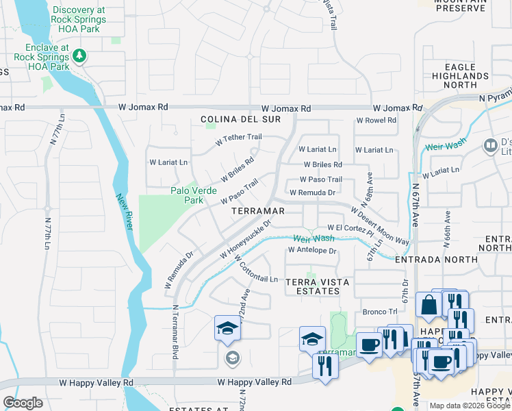 map of restaurants, bars, coffee shops, grocery stores, and more near 26067 North 72nd Avenue in Peoria