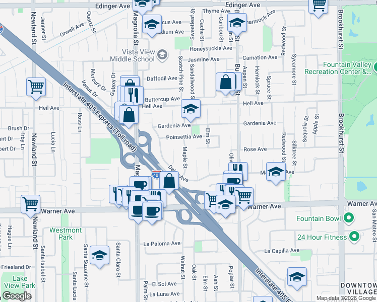 map of restaurants, bars, coffee shops, grocery stores, and more near 16730 Maple Street in Fountain Valley