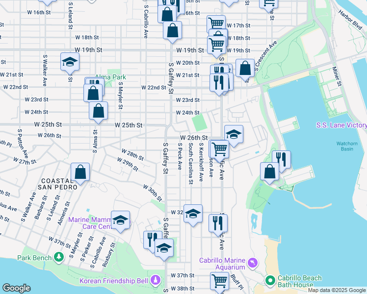 map of restaurants, bars, coffee shops, grocery stores, and more near 674 West 27th Street in San Pedro