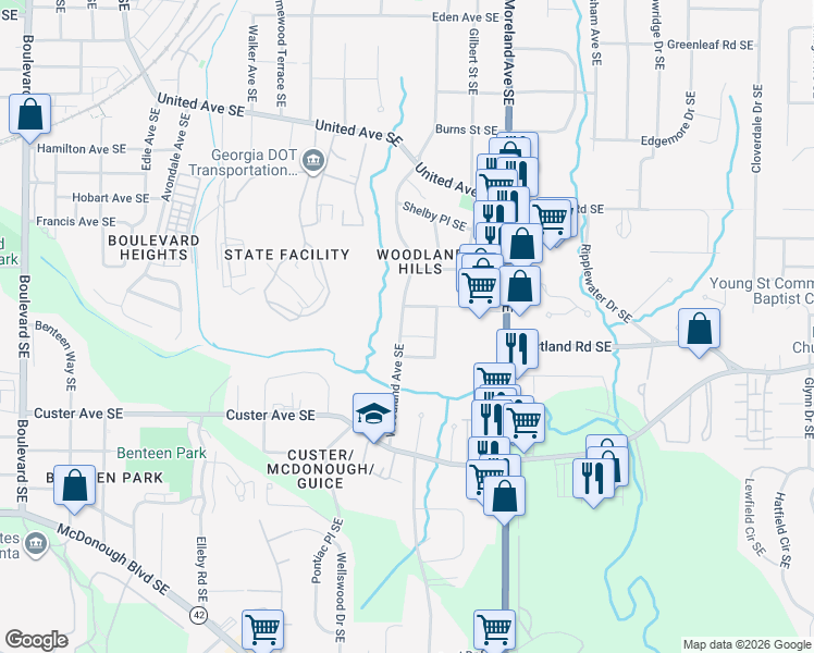 map of restaurants, bars, coffee shops, grocery stores, and more near 1266 Woodland Avenue Southeast in Atlanta